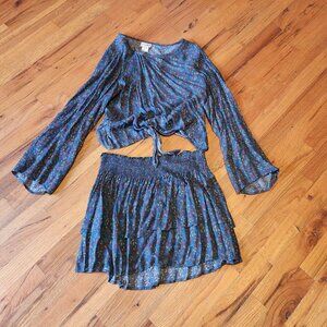 Bohemian Floral Two-Piece Set With Bell Sleeve Top & Tiered Skirt